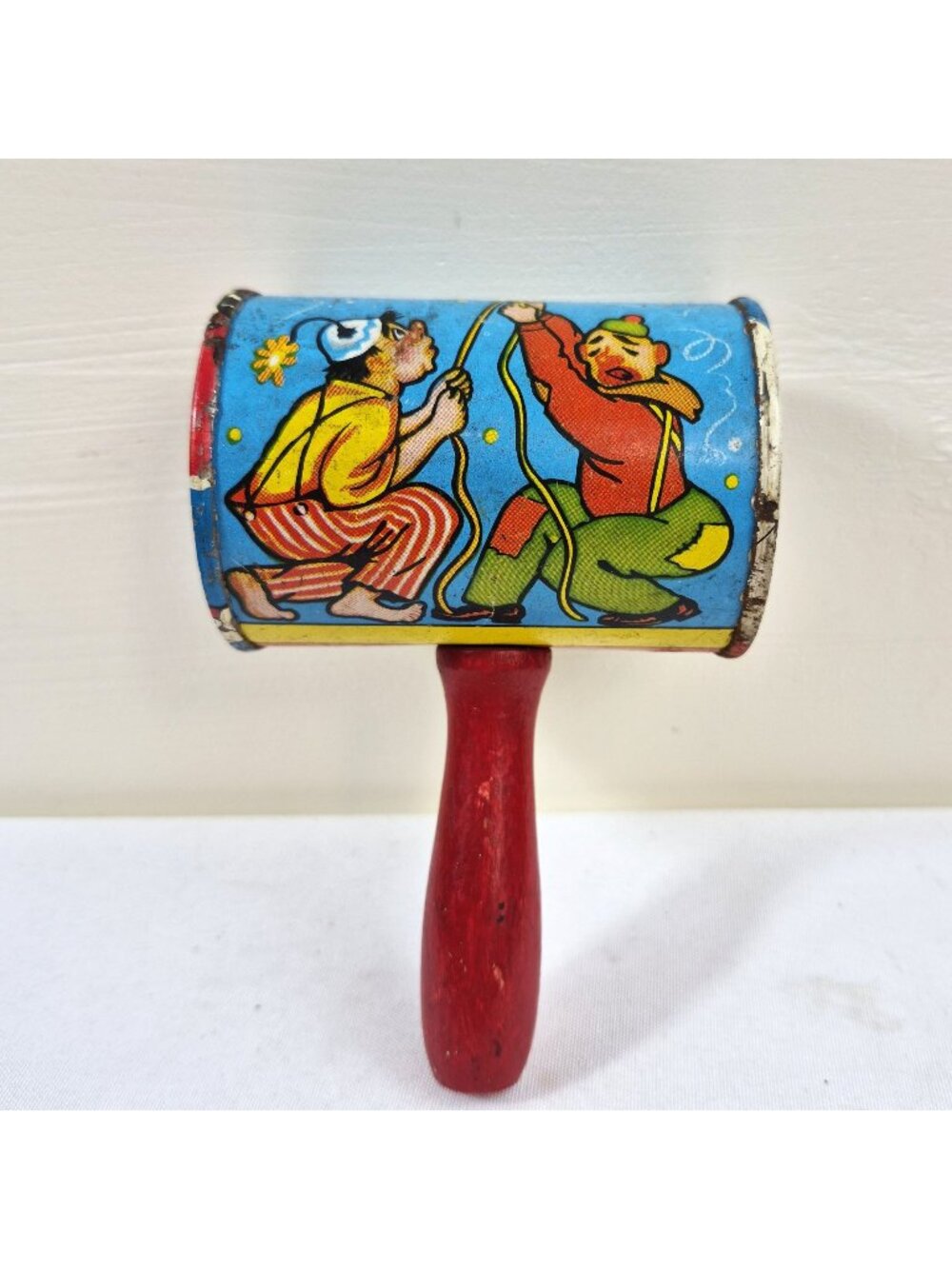 Vintage USA Tin Lithograph Noise Maker Clown Dog Duck Wood Handle